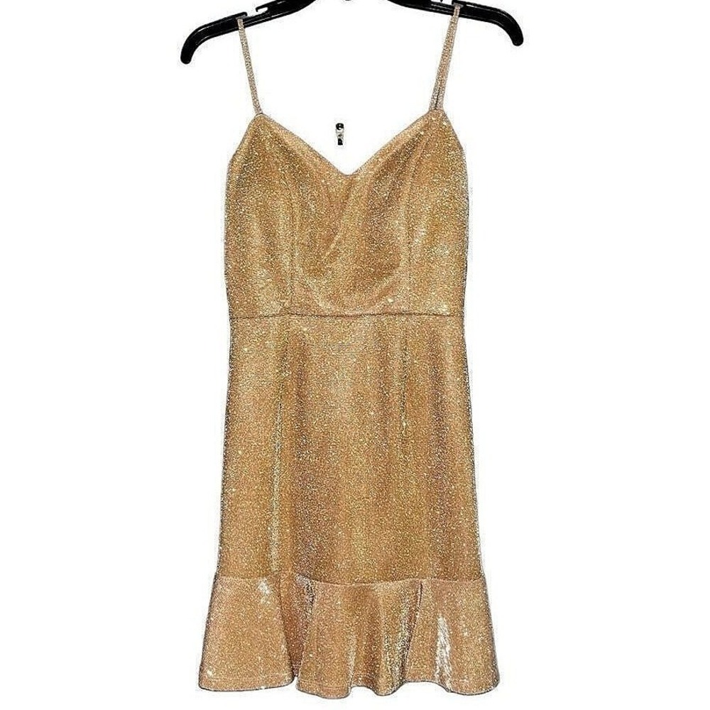 Midnight Doll Gold Metallic Ruffle Hem Cocktail Dress RVB15255I Size 5 NWT